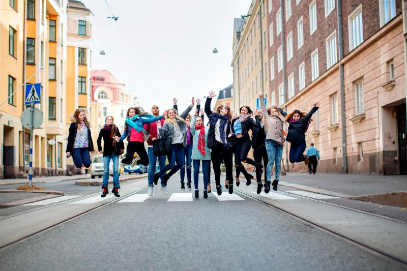 Happy students on the street